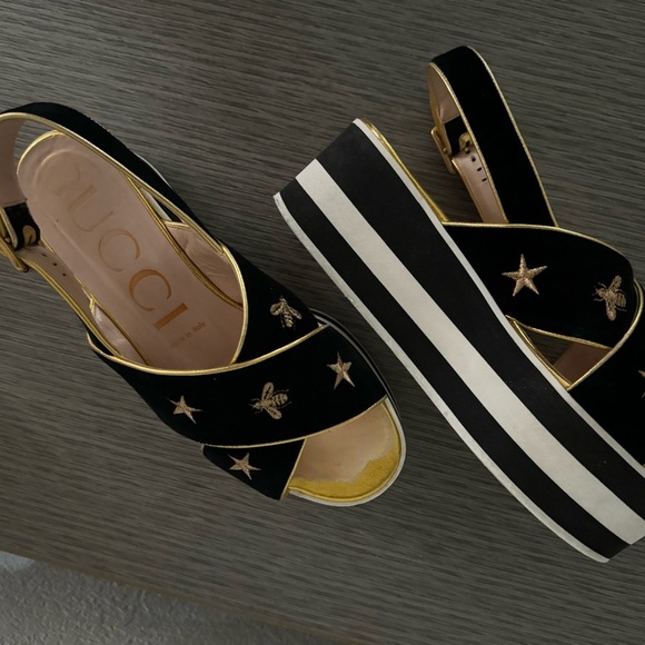 Gucci Bee Embroidered Criss Cross Platform Sandals Black Size 37 1/2 - Picture 7 of 14